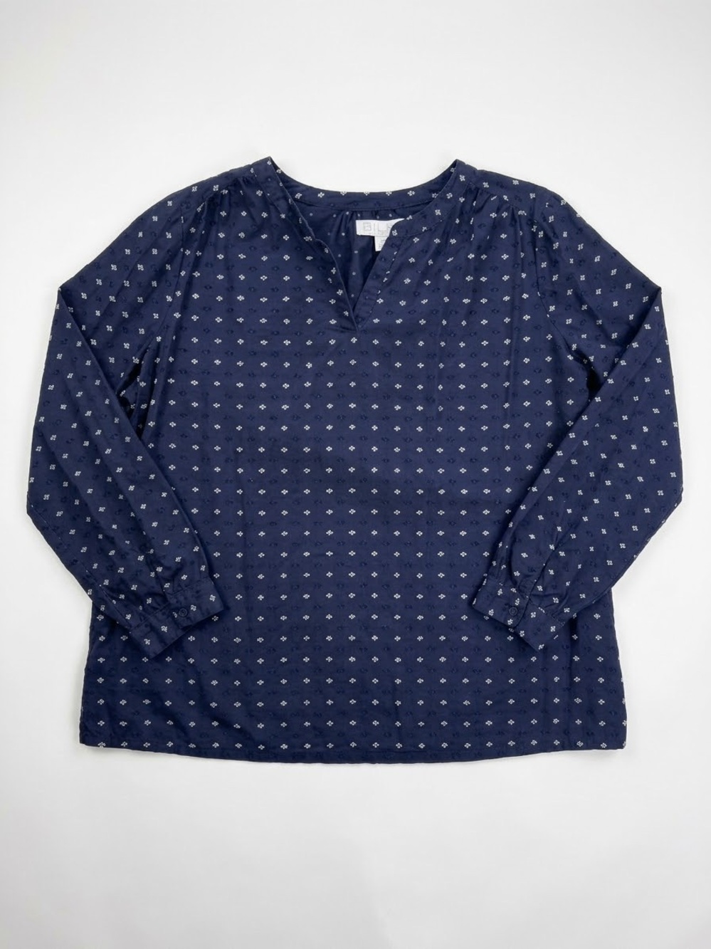 Time and Tru Navy Printed Long-Sleeve V-Neck Tunic